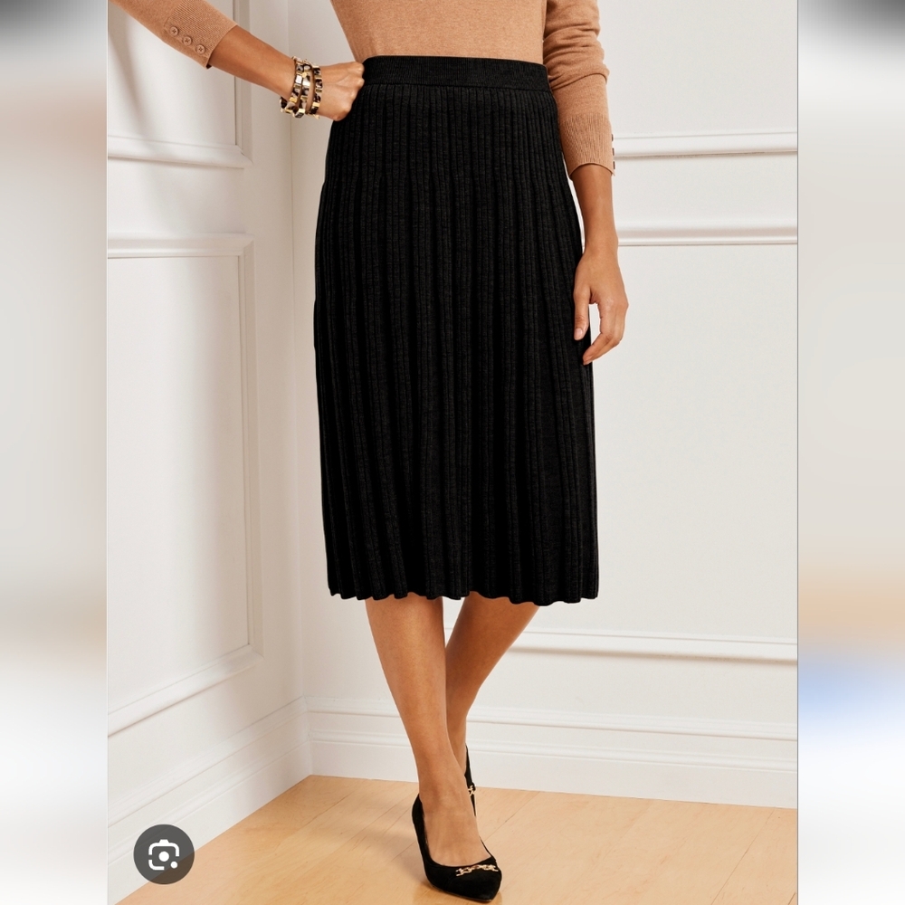 Vintage Talbots Midi Sweater Skirt Womens S Black 100% Wool Knit Ribbed A-Line